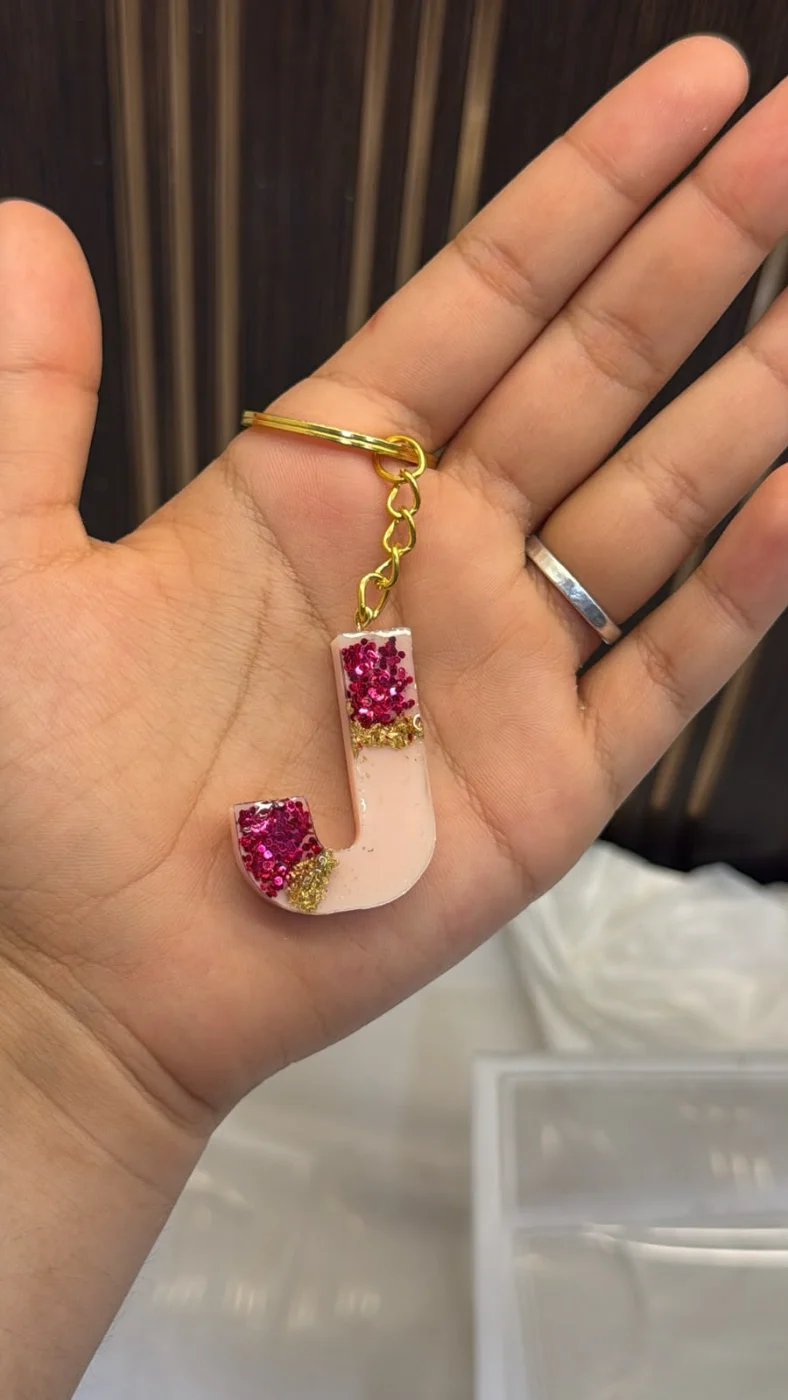 Pink Floral J Initial Keychain — Design #02