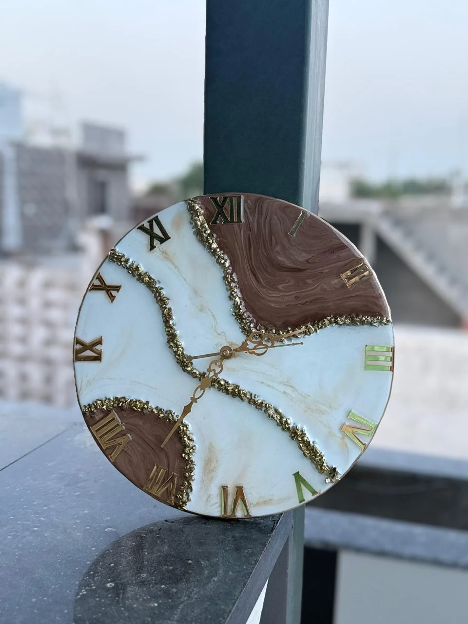 White Gold Geode Resin Clock — Design #13