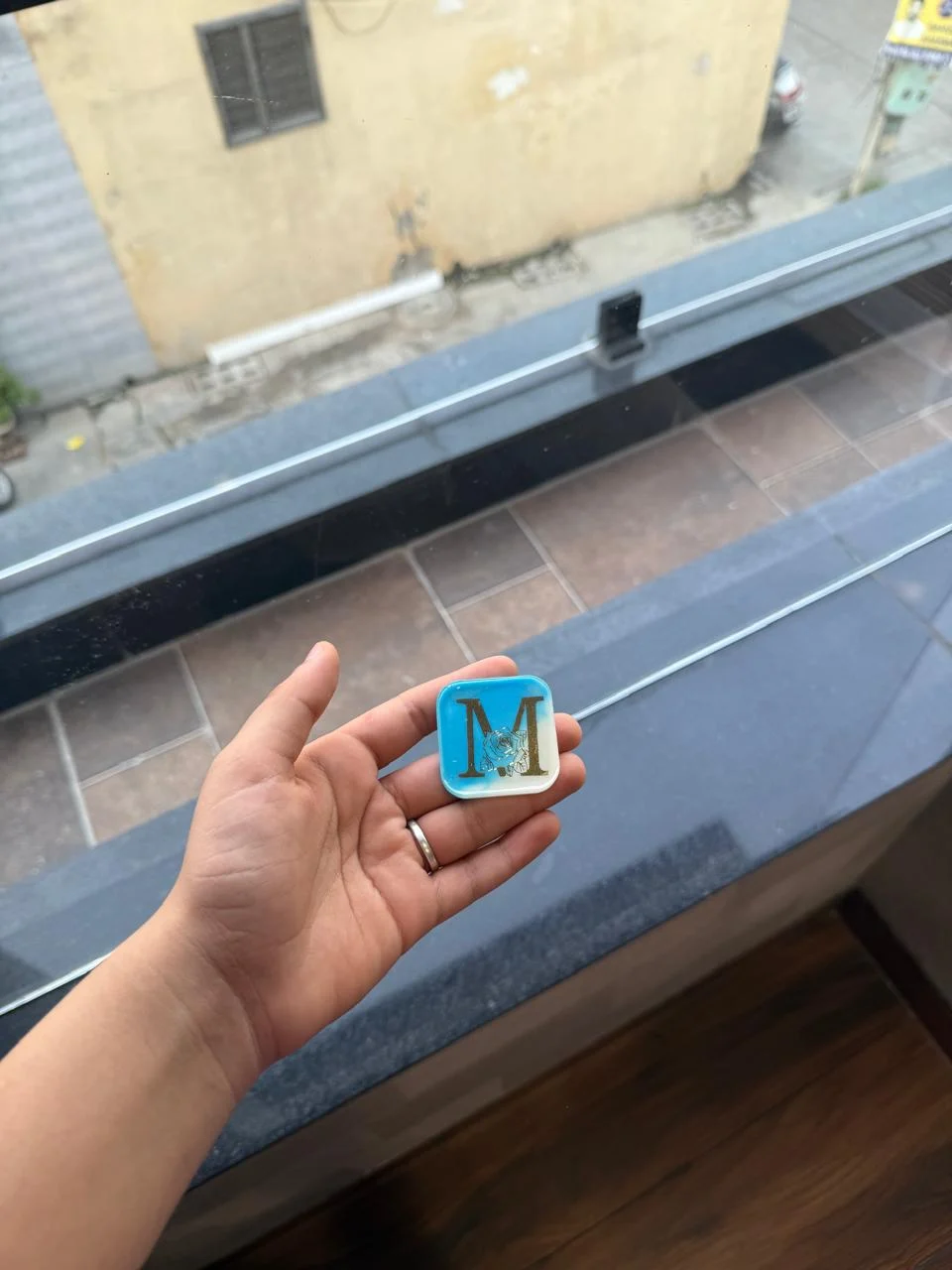 Blue Floral M Initial Keychain — Design #25