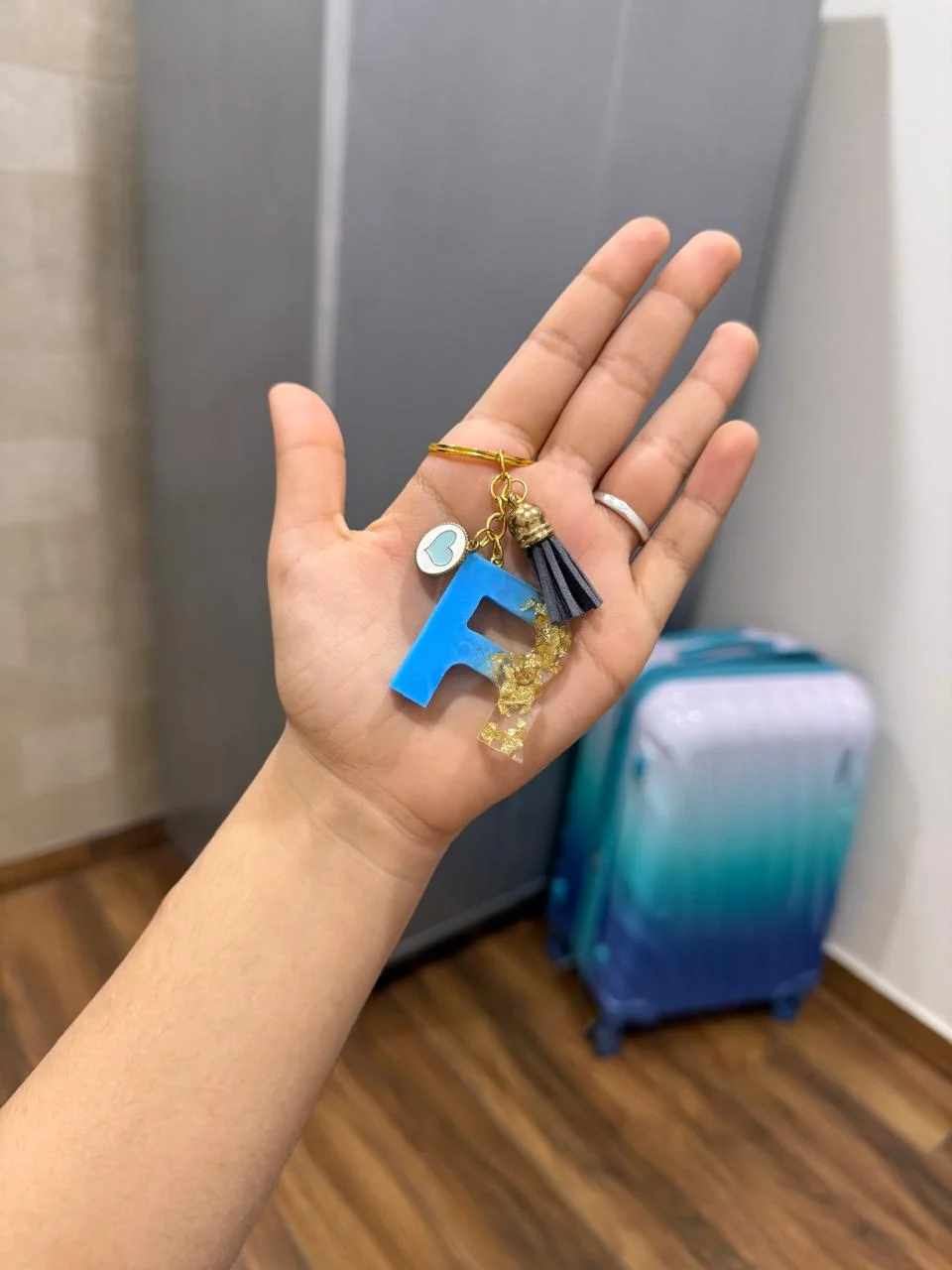 Blue Gold F Initial Keychain — Design #26