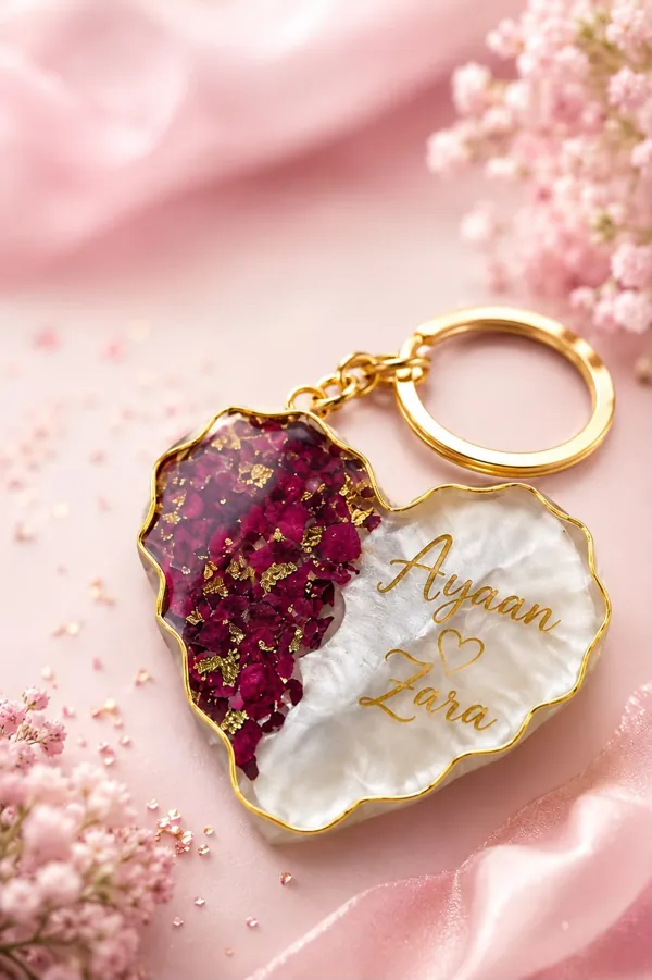 Name heart keychain with preserved petals